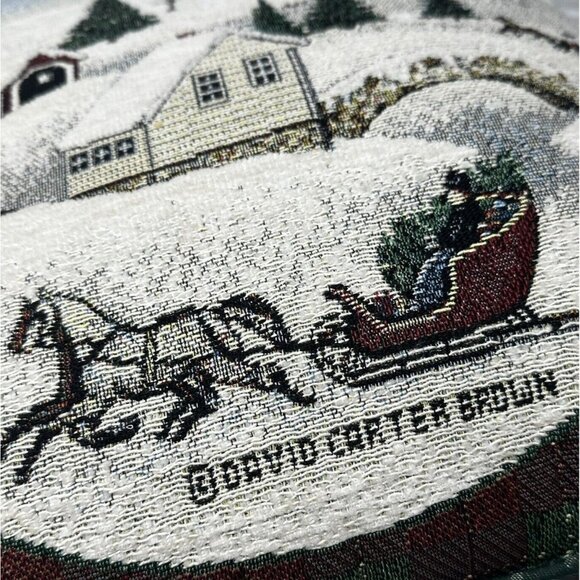 Tapestry Pillow Victorian Sleigh Ride David Carter Brown Snow Scene Plaid Trim - Picture 3 of 7